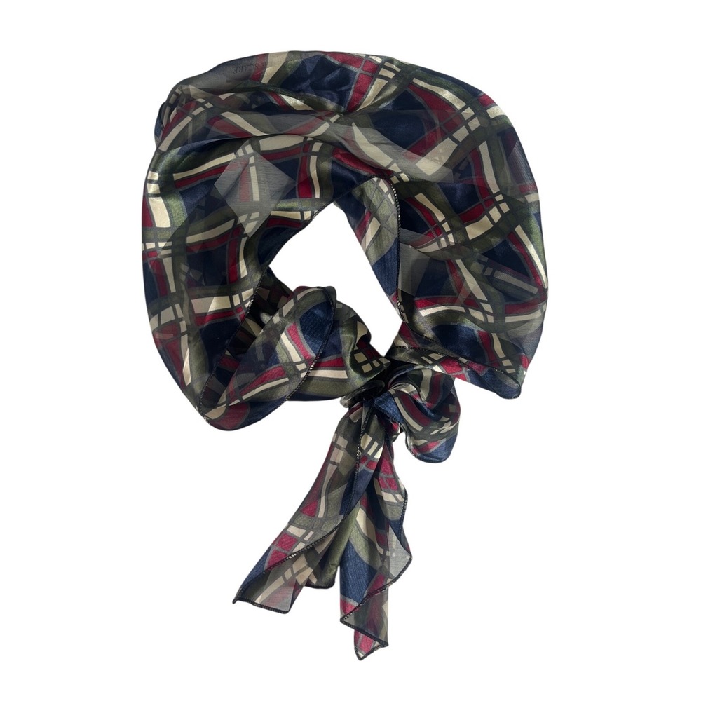 A. W. Items Inc Pre-Tie Scarf Blue Burgundy Plaid Silk Feel Rosette Hook Loop